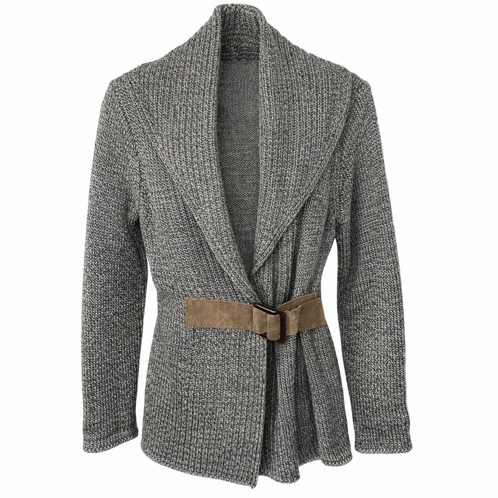 Soft Surroundings Gray Wool Blend Suede Belt‎ Shawl Cardigan Sweater Size S